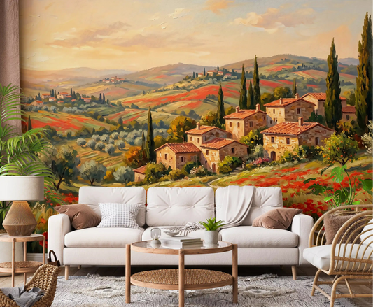 Red poppies and green cypress fill the Tuscan Poppy Fields wall mural in a living room