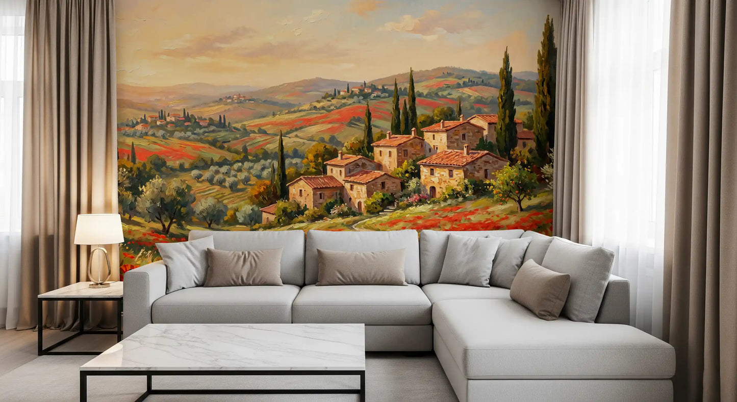 Cypress spires stand tall against amber sky in the Tuscan Poppy wall mural panorama
