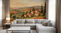 Cypress spires stand tall against amber sky in the Tuscan Poppy wall mural panorama