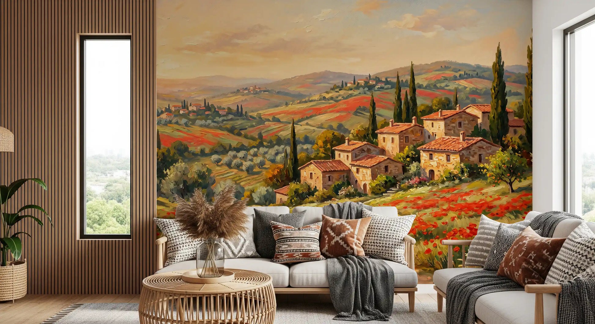 Warm amber glow over distant villages in a Living room Tuscan Poppy wall mural setting
