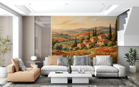 Painted hillside layers in green, ochre, and russet fill the Tuscan Poppy wall mural