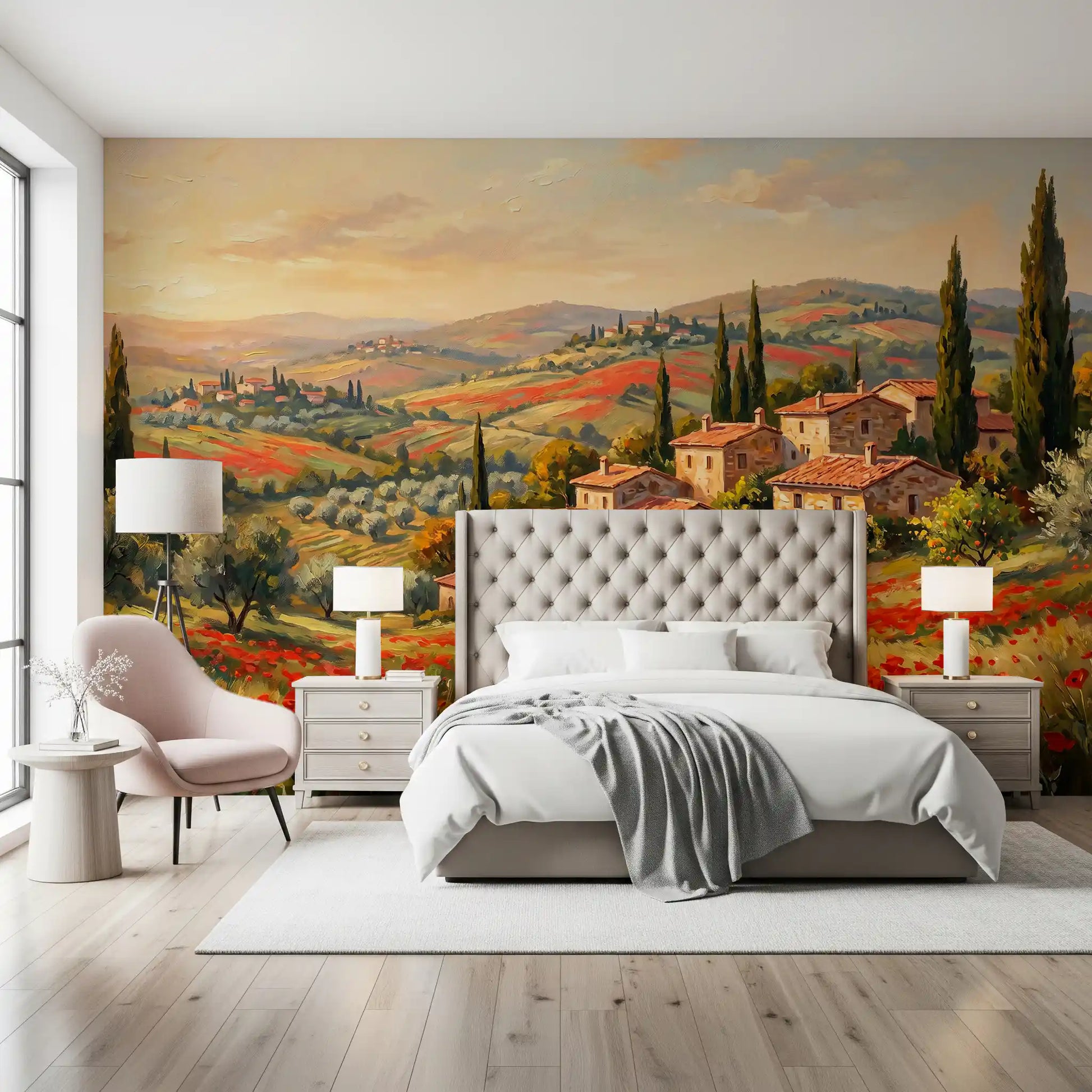 Brushstroke countryside and rolling hills line a Bedroom Tuscan Poppy wall mural feature