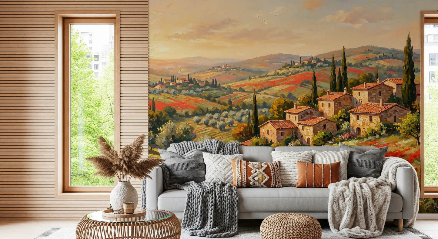 Clay rooftops cluster among olive trees in the Poppy wall mural foreground