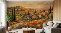 Distant mountain silhouettes behind cypress lined hills on poppy wall mural