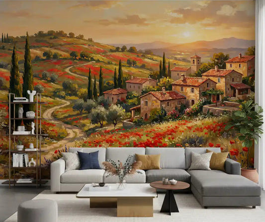 Tuscan poppy village dusk wall mural with rolling hills and cypress trees in living room 