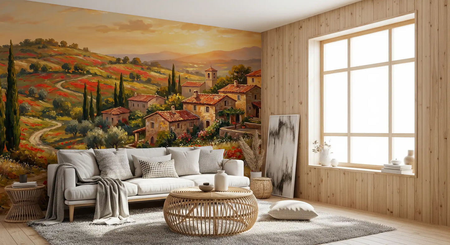 Mediterranean stone cottages surrounded by flowering meadows on wall mural