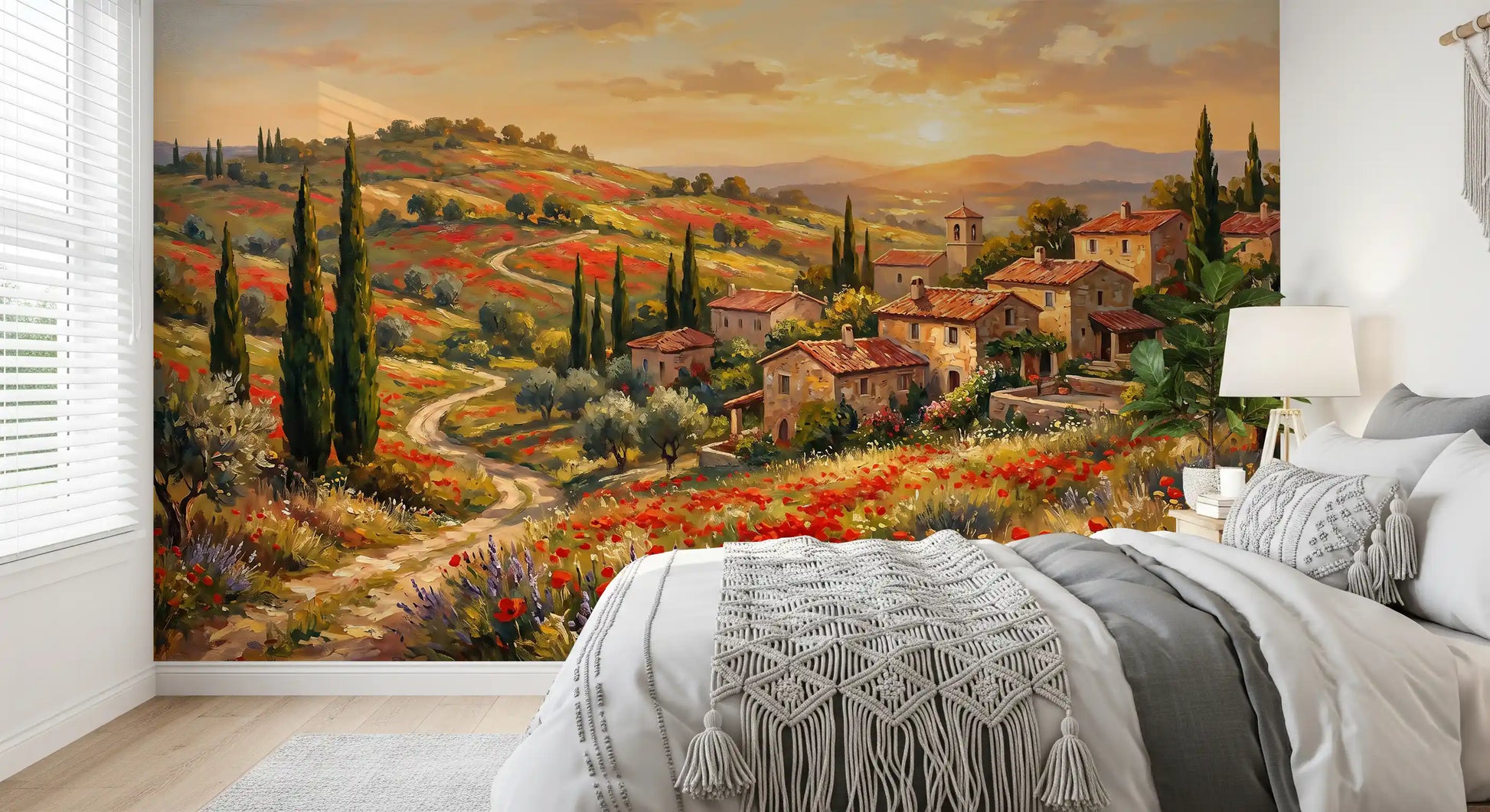Lavender and red poppies in foreground of village dusk wall mural in a bedroom