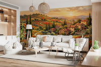 Warm terracotta and gold tones across tuscan village wall mural