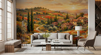 Stone village buildings with terracotta rooftops on Living room wall mural