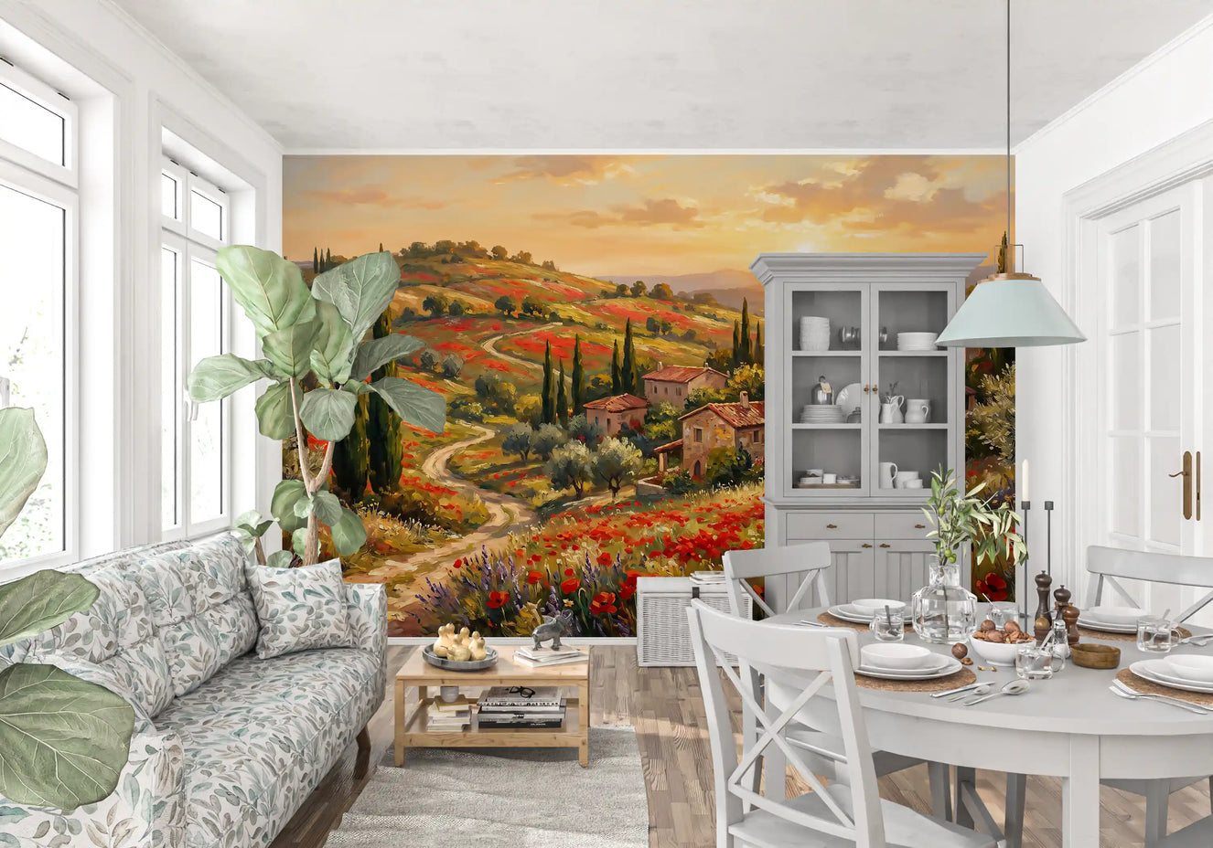 Tuscan Poppy Village Dusk Wall Mural