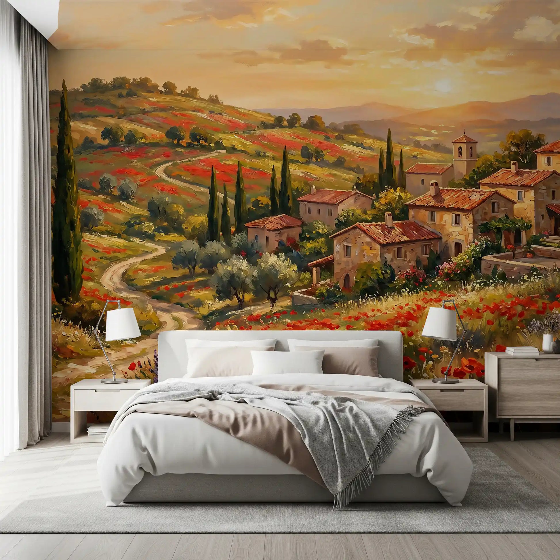 Winding dirt path Bedroom area  poppy fields on golden dusk wall mural