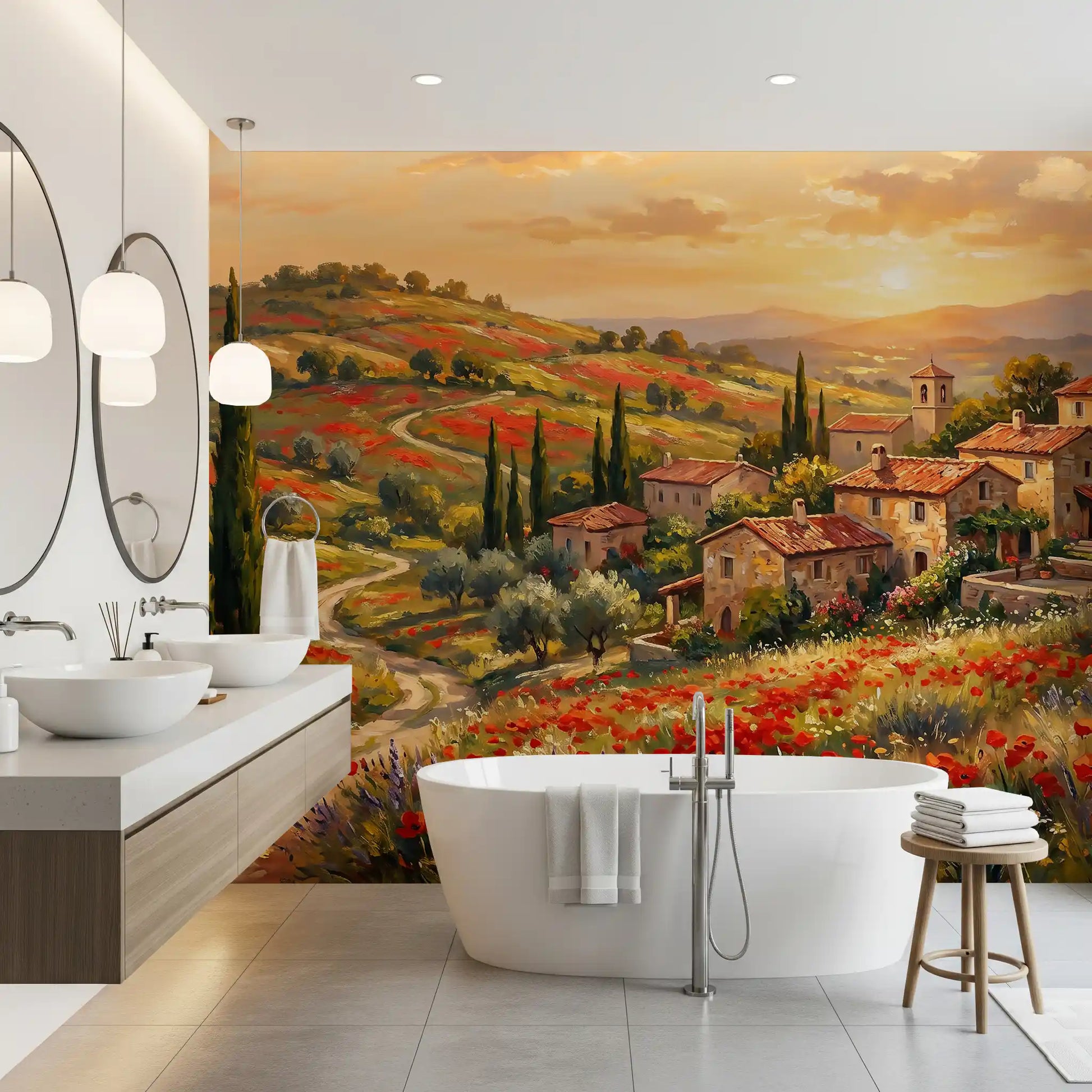 Golden sunset sky over rolling green hills on landscape wall mural