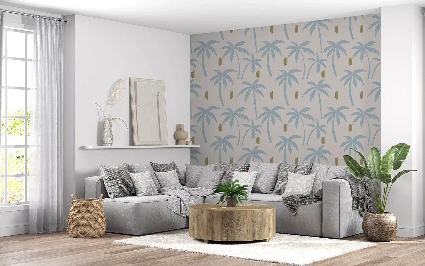 Light Blue Palm Tree Wallpaper Boho Coastal Wallpaper⁠