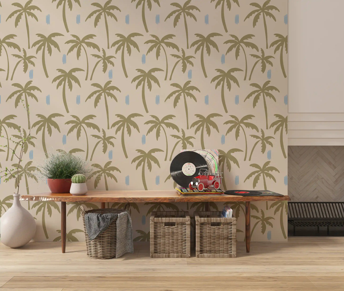 Olive Green Palm Tree Wallpaper Boho Coastal Wallpaper⁠