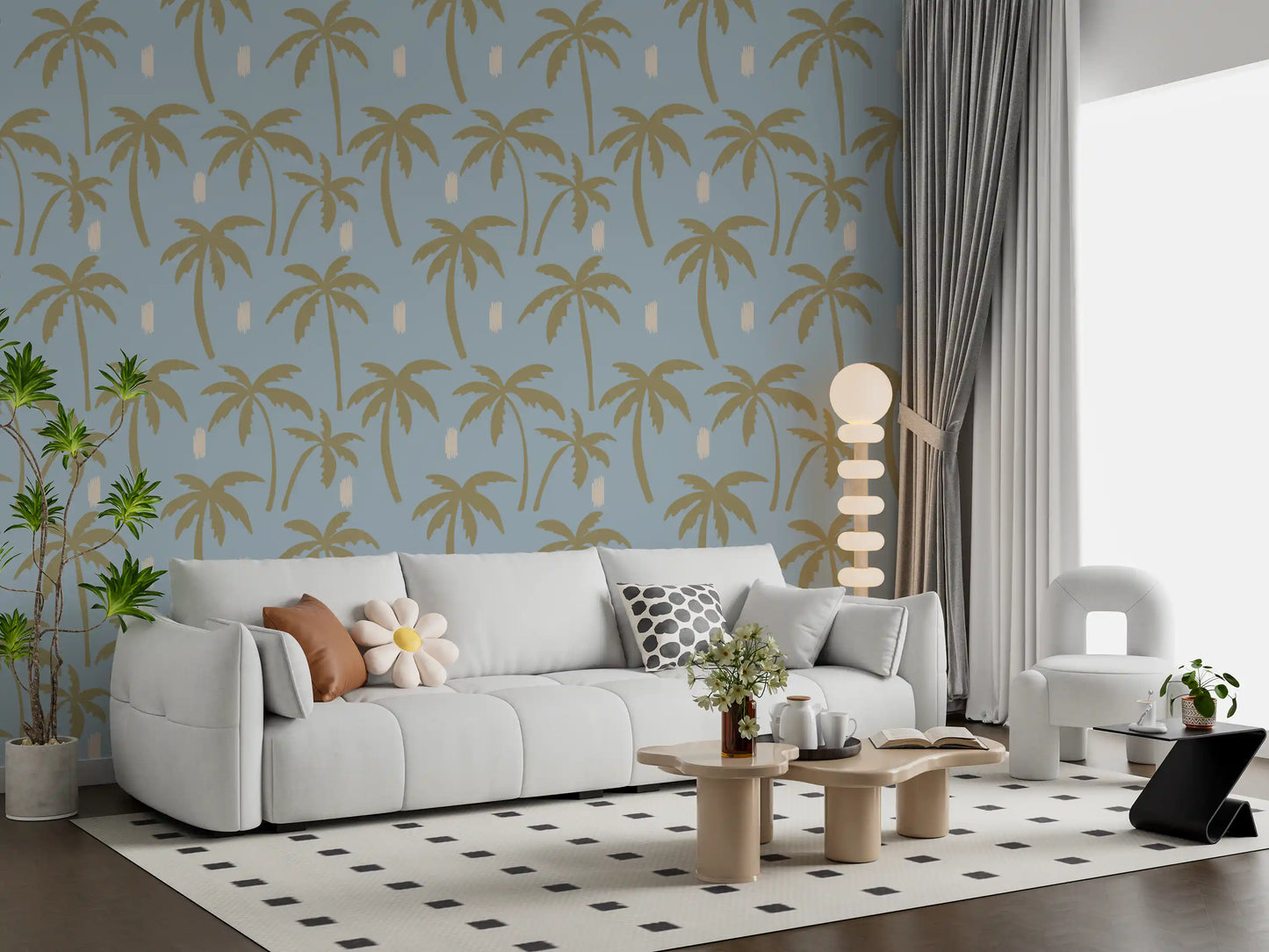Soft Blue Palm Tree Wallpaper Boho Coastal Wallpaper⁠
