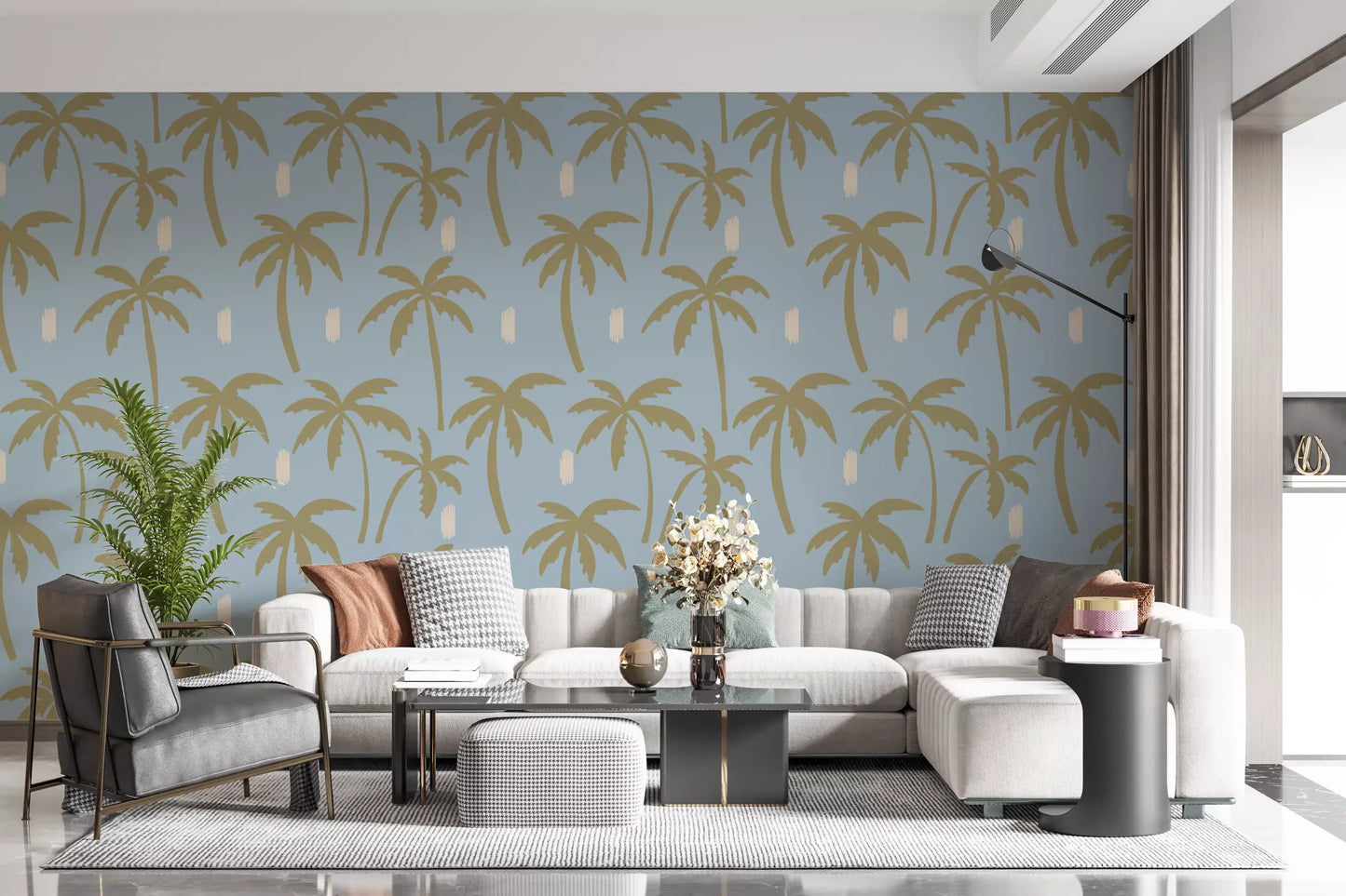 Soft Blue Palm Tree Wallpaper Boho Coastal Wallpaper⁠