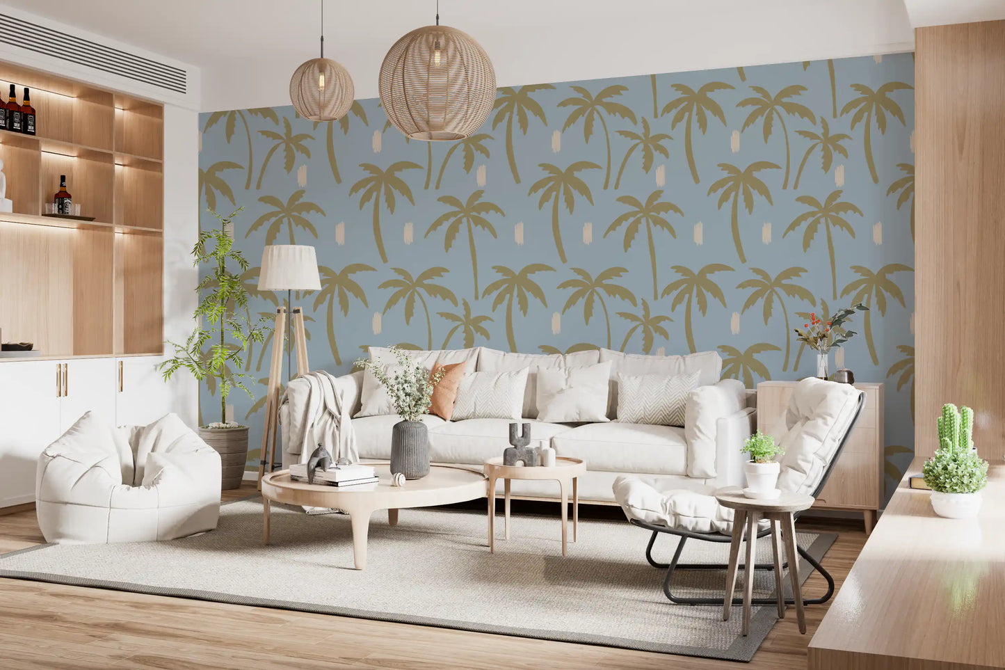 Soft Blue Palm Tree Wallpaper Boho Coastal Wallpaper⁠
