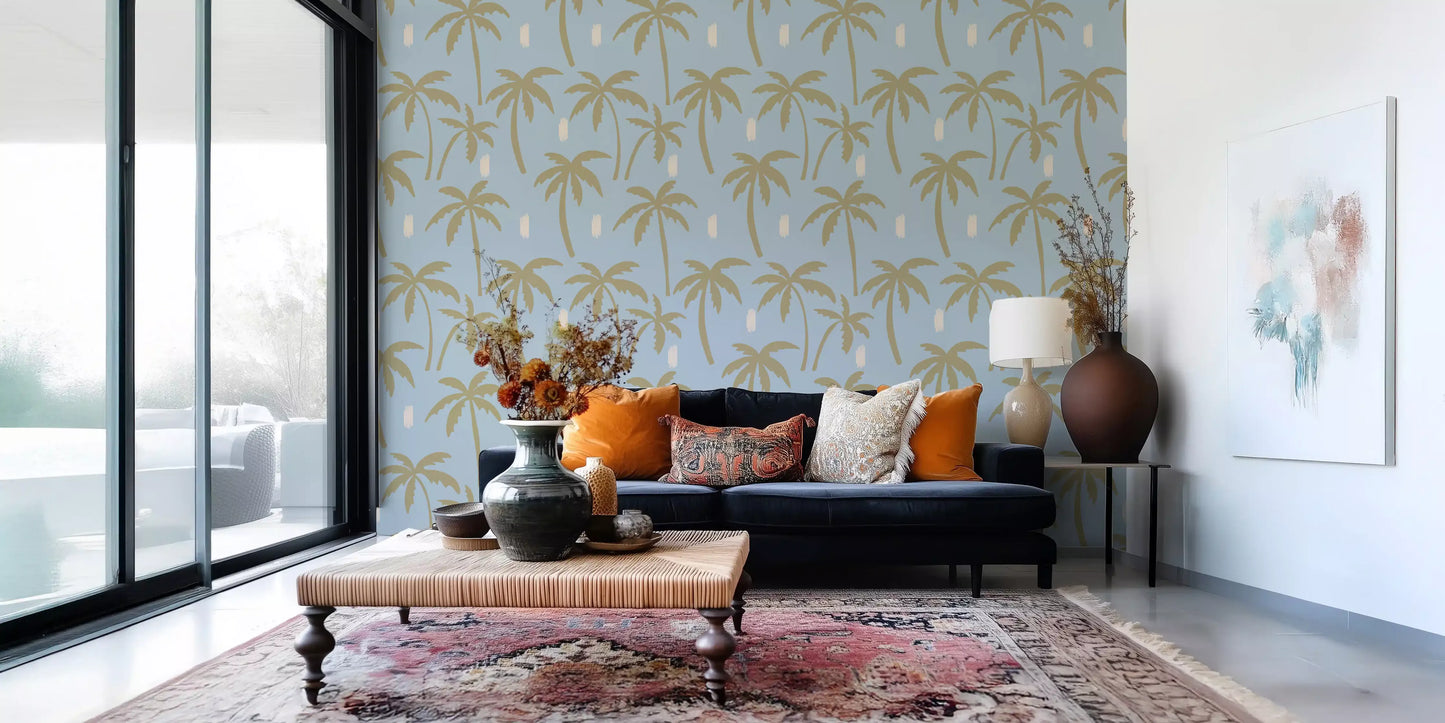 Soft Blue Palm Tree Wallpaper Boho Coastal Wallpaper⁠