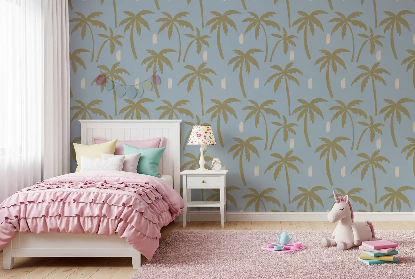 Soft Blue Palm Tree Wallpaper Boho Coastal Wallpaper⁠
