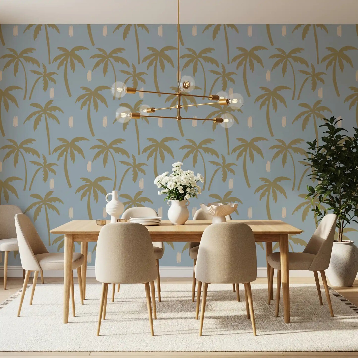 Soft Blue Palm Tree Wallpaper Boho Coastal Wallpaper⁠