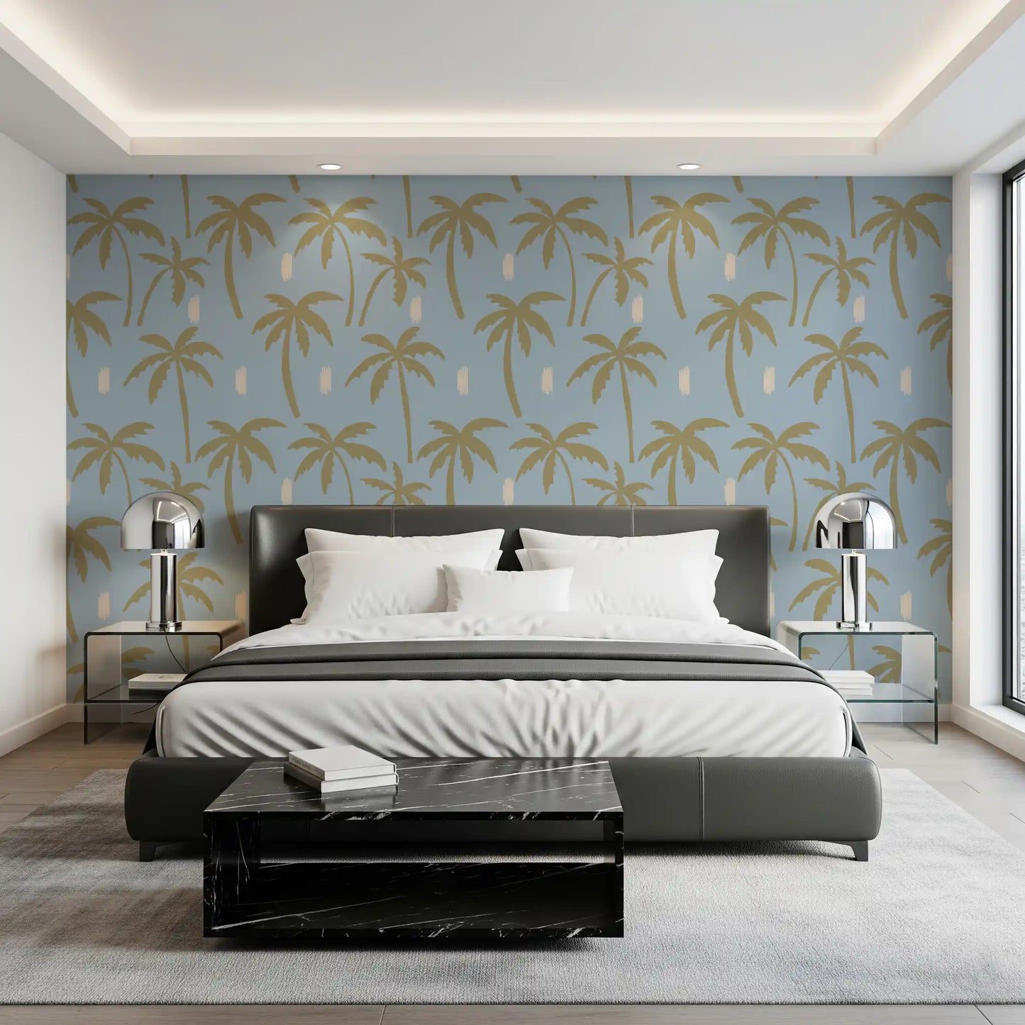 Soft Blue Palm Tree Wallpaper Boho Coastal Wallpaper⁠