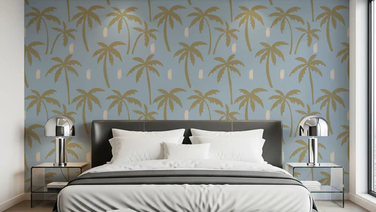 Bedroom with Soft Blue Palm Tree wallpaper and oversized tropical silhouettes