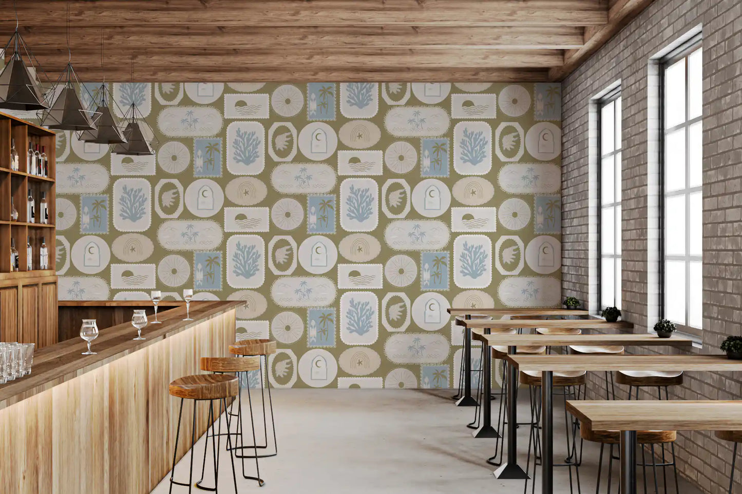 Olive Green Coastal Frame Wallpaper Boho Tropical Wallpaper⁠