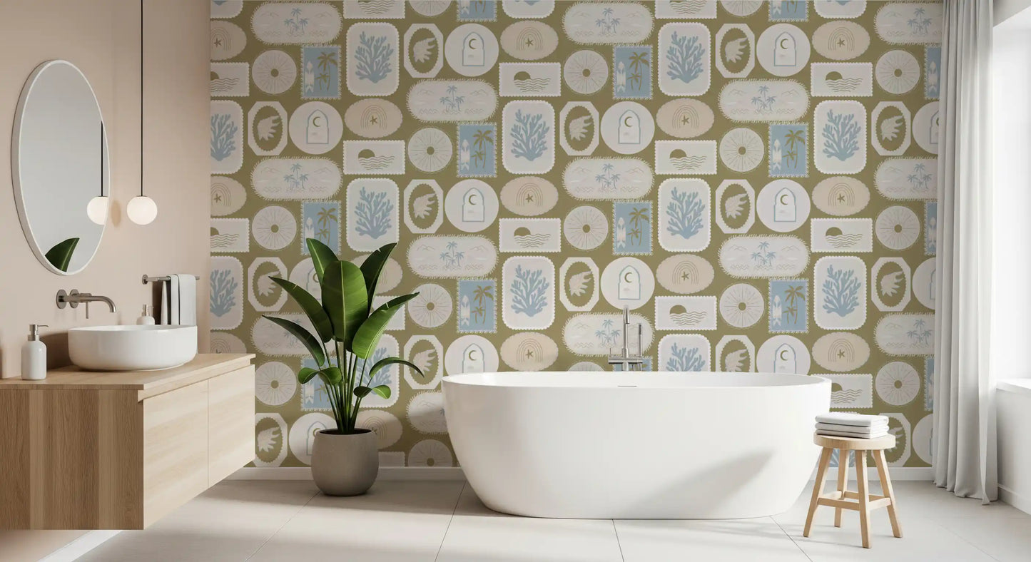 Olive Green Coastal Frame Wallpaper Boho Tropical Wallpaper⁠