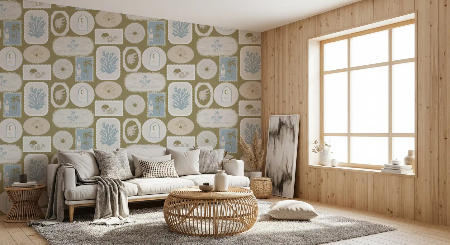 Olive Green Coastal Frame Wallpaper Boho Tropical Wallpaper⁠
