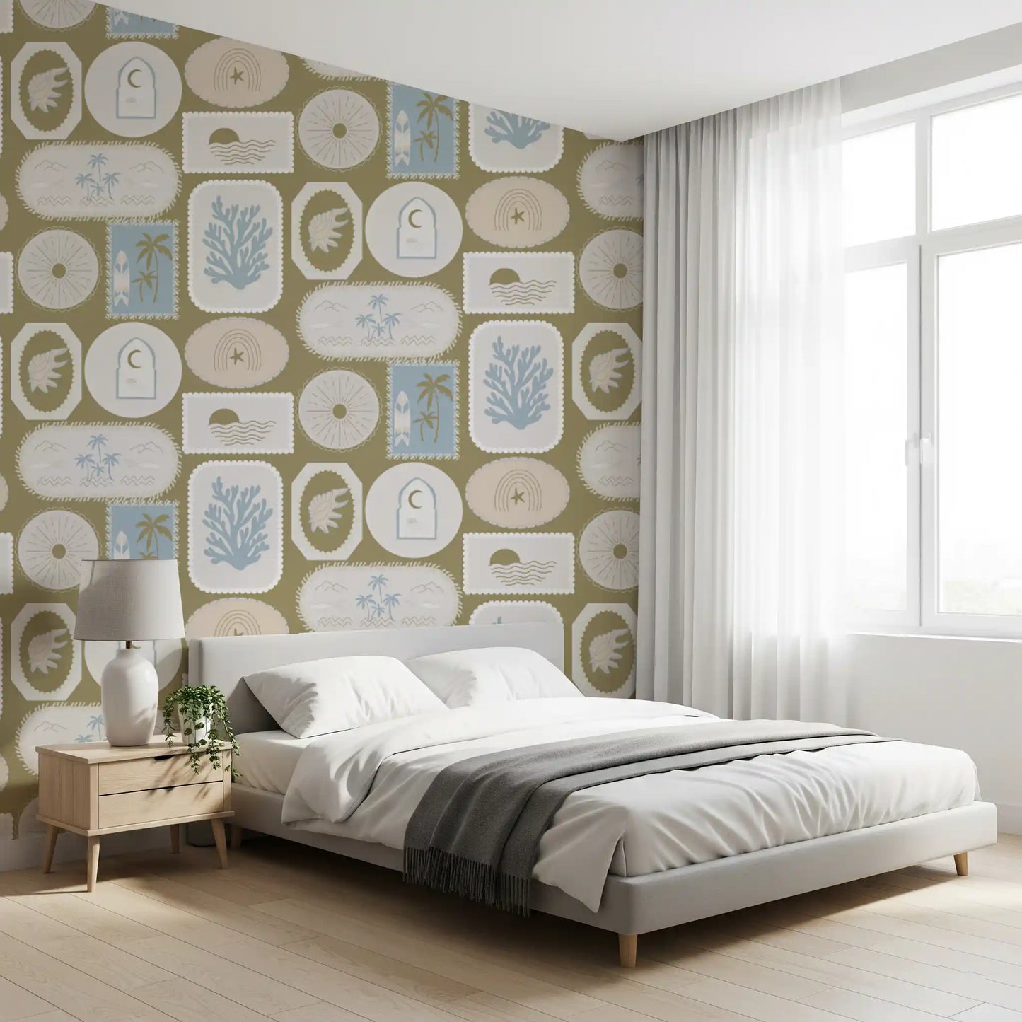 Olive Green Coastal Frame Wallpaper Boho Tropical Wallpaper⁠