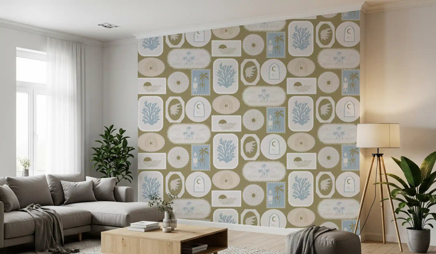 Olive Green Coastal Frame Wallpaper Boho Tropical Wallpaper⁠