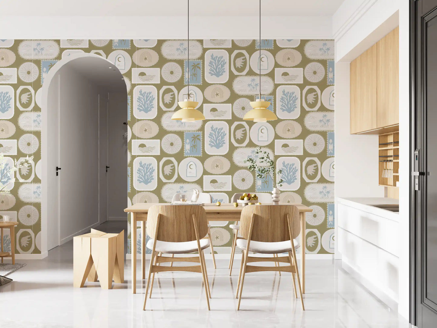Olive Green Coastal Frame Wallpaper Boho Tropical Wallpaper⁠