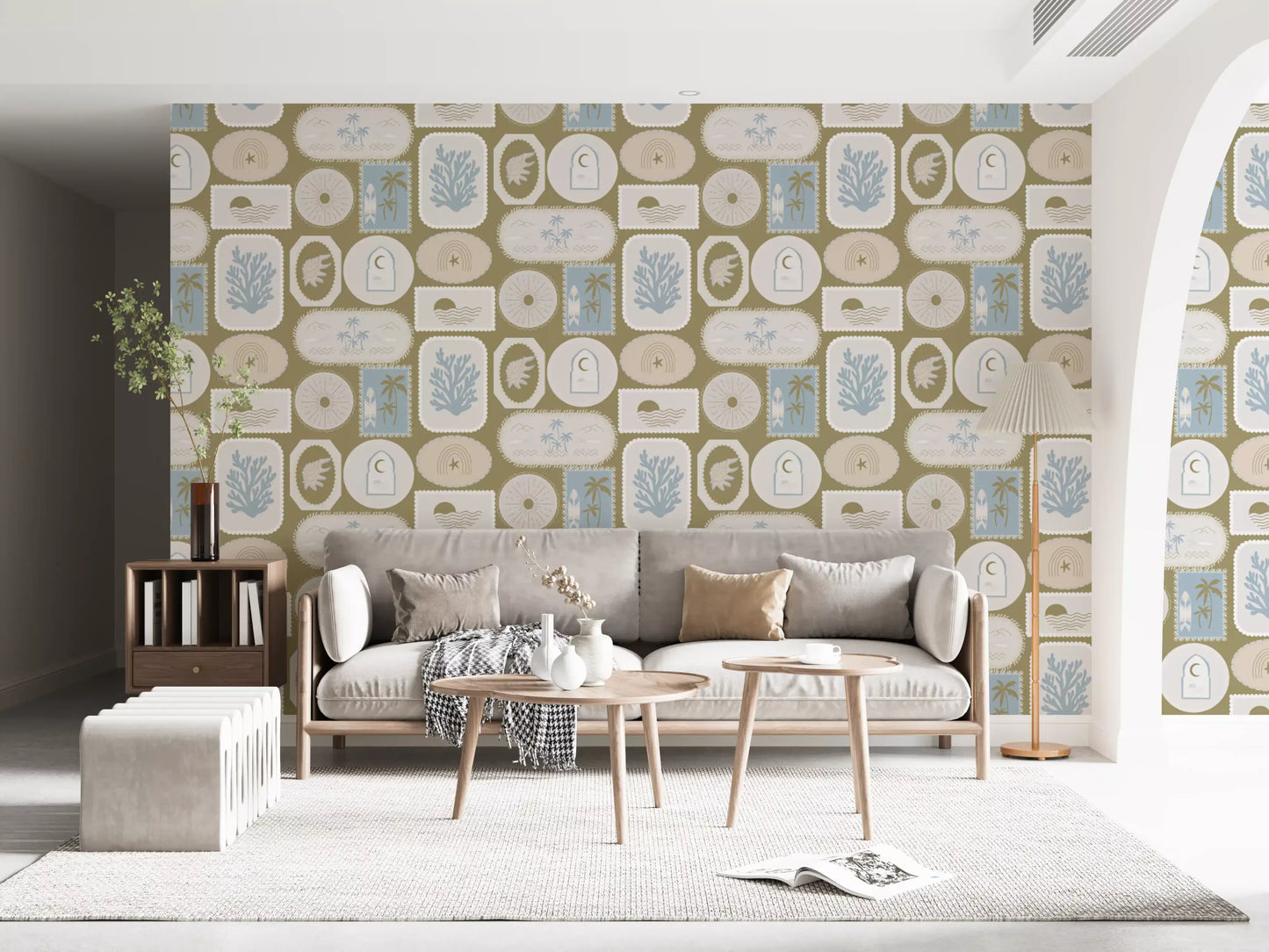 Olive Green Coastal Frame Wallpaper Boho Tropical Wallpaper⁠