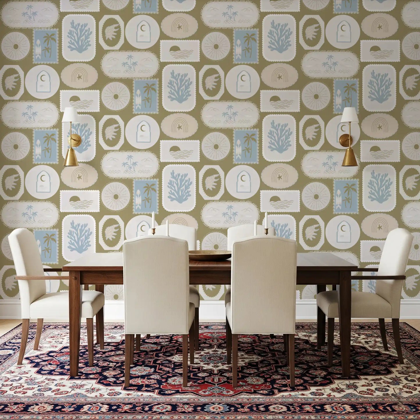 Olive Green Coastal Frame Wallpaper Boho Tropical Wallpaper⁠