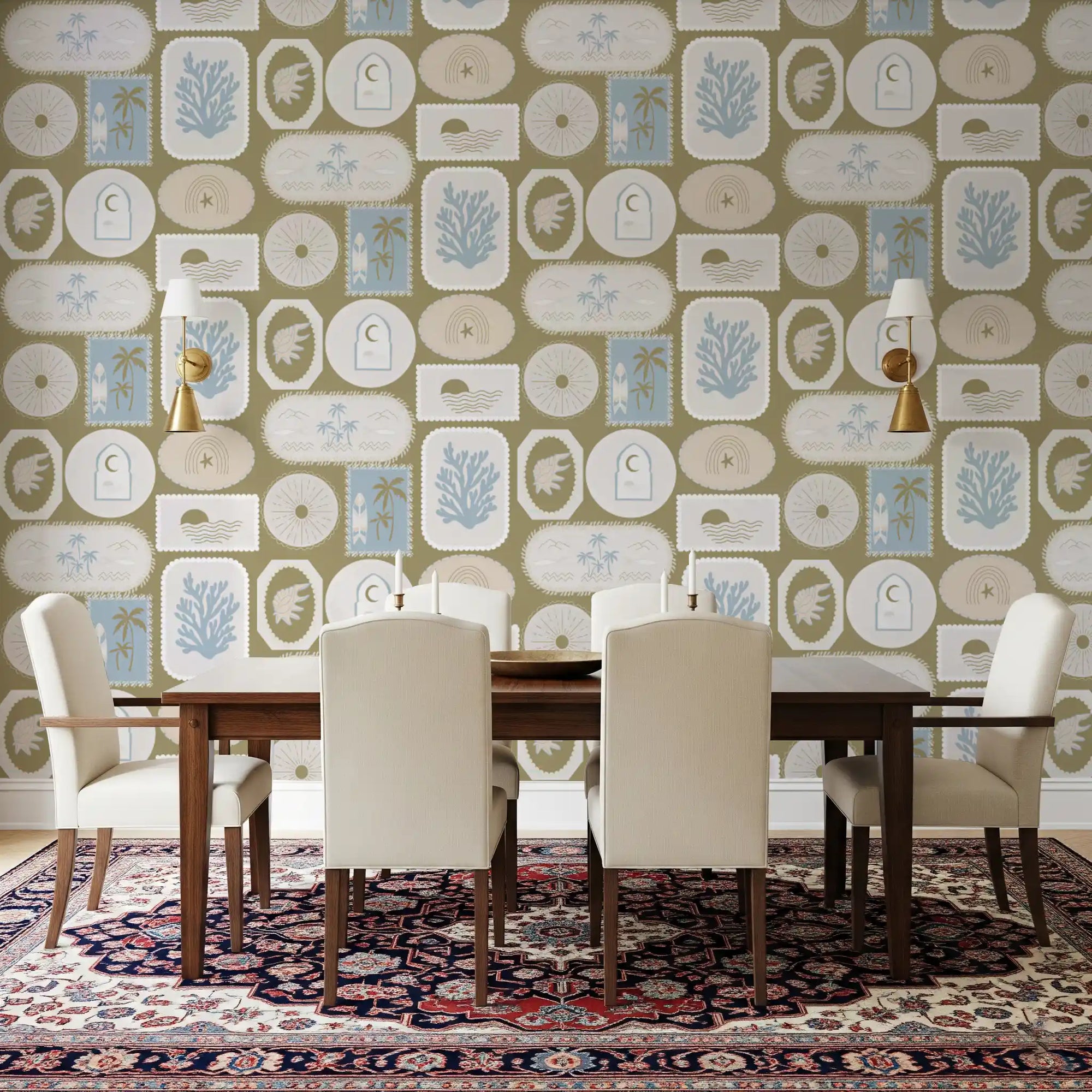 Dining room wallpaper with Olive Green Coastal Frame panels and palm scenes
