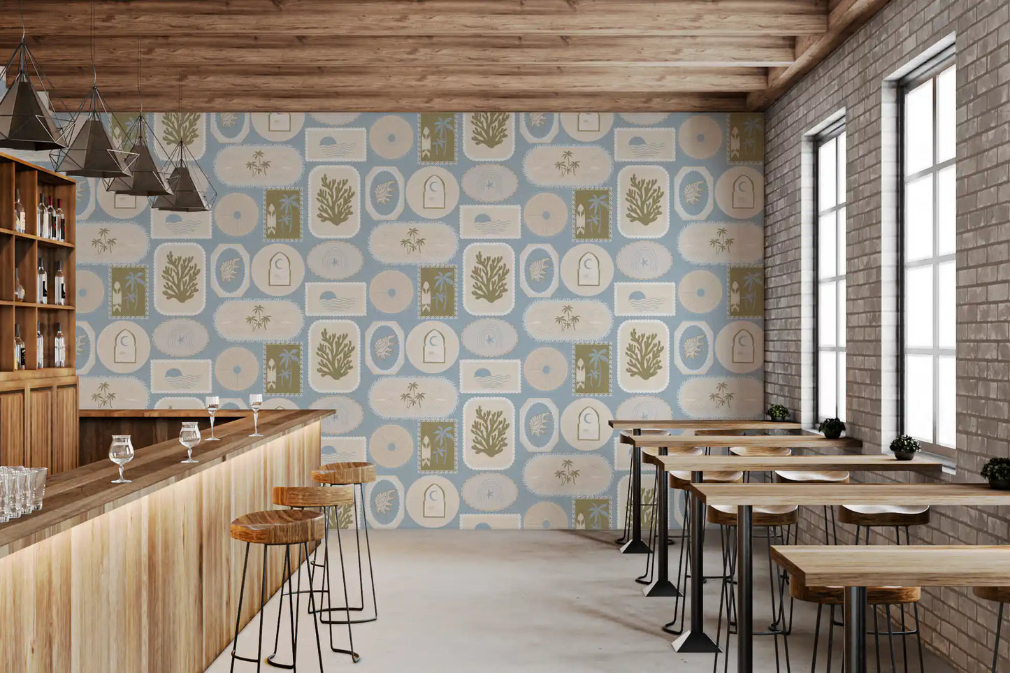 Soft Blue Coastal Frame Wallpaper Boho Tropical Wallpaper⁠