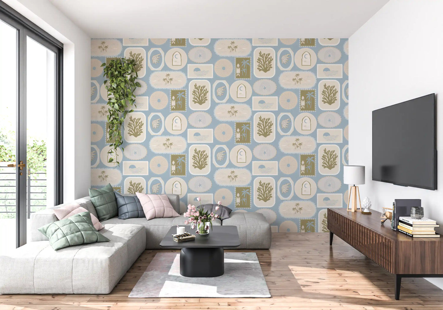 Soft Blue Coastal Frame Wallpaper Boho Tropical Wallpaper⁠