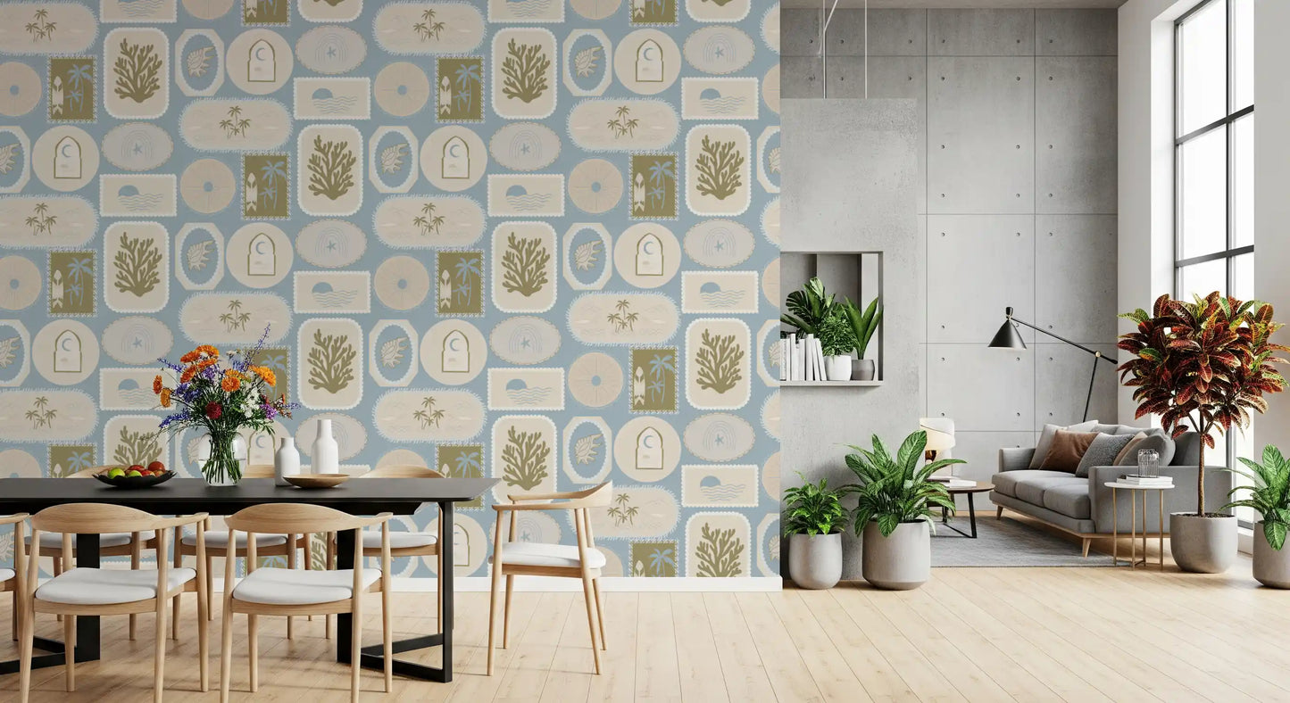 Soft Blue Coastal Frame Wallpaper Boho Tropical Wallpaper⁠