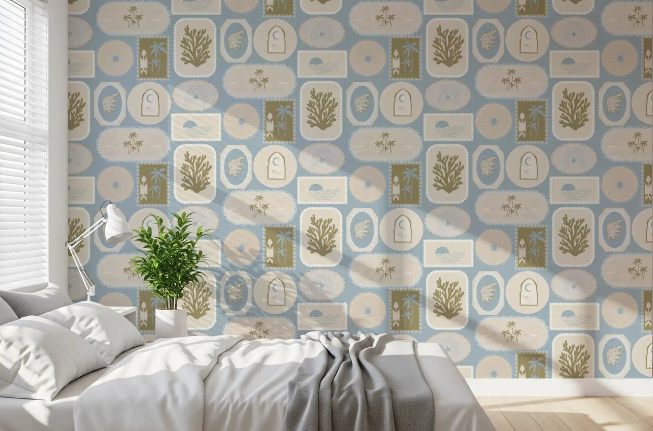 Bedroom with Soft Blue Coastal Frame wallpaper and framed palm artwork