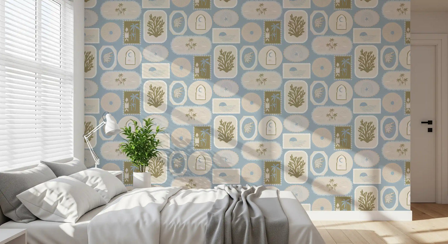 Soft Blue Coastal Frame Wallpaper Boho Tropical Wallpaper⁠
