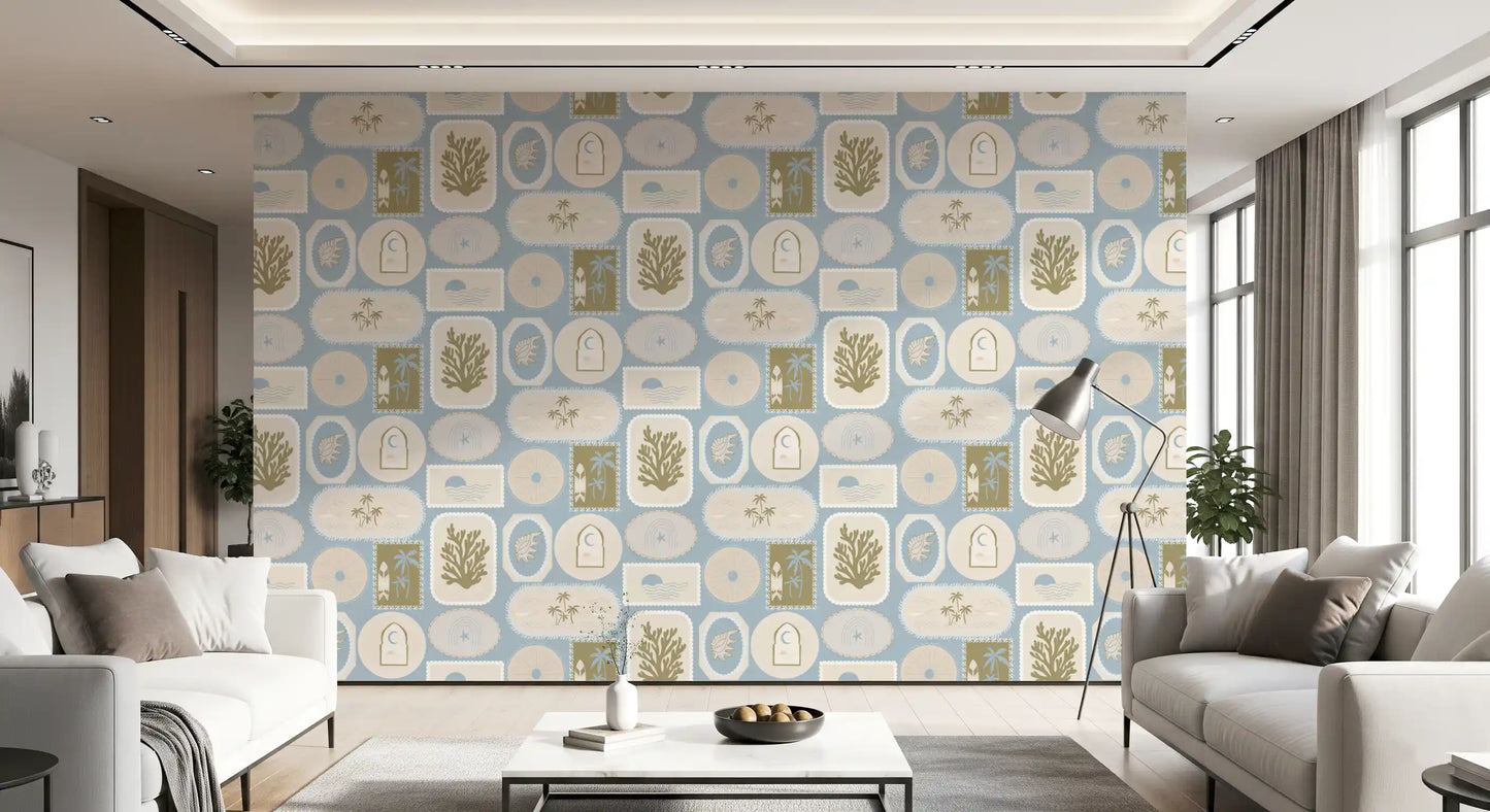 Soft Blue Coastal Frame Wallpaper Boho Tropical Wallpaper⁠