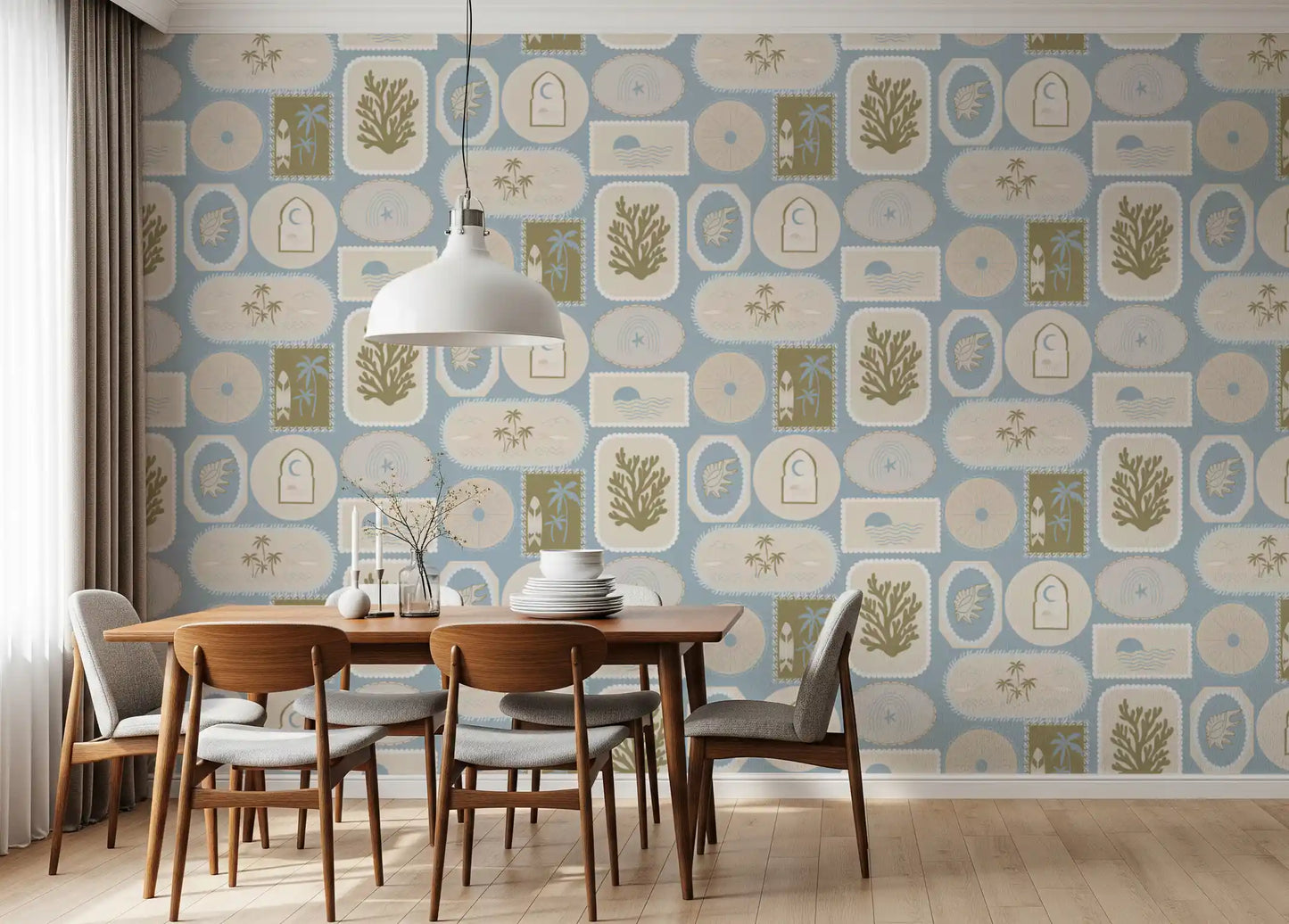 Soft Blue Coastal Frame Wallpaper Boho Tropical Wallpaper⁠