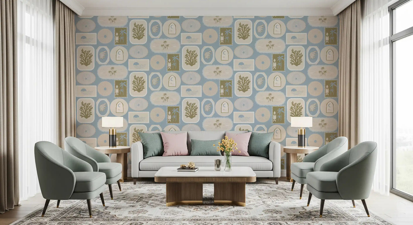 Soft Blue Coastal Frame Wallpaper Boho Tropical Wallpaper⁠