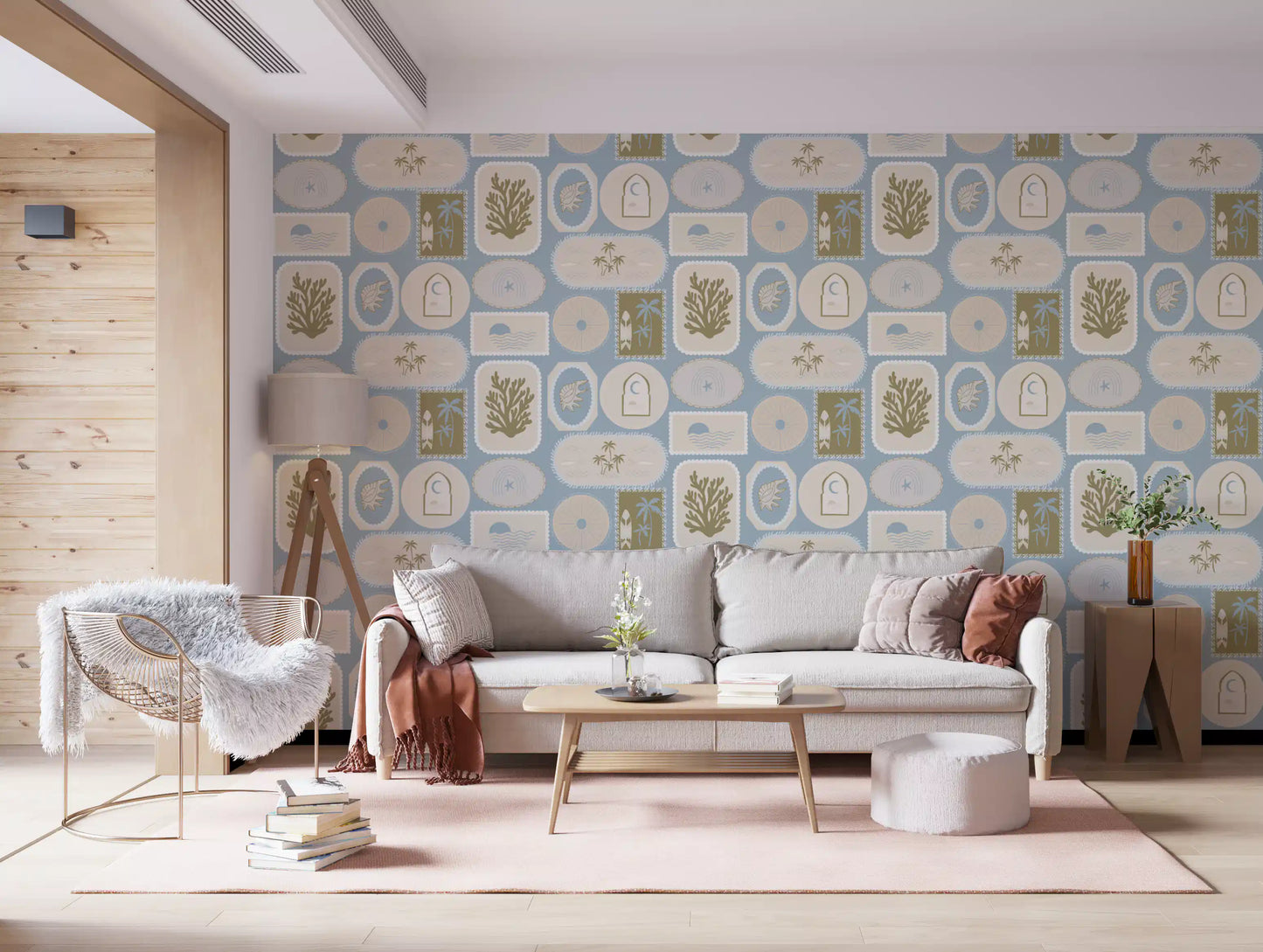 Soft Blue Coastal Frame Wallpaper Boho Tropical Wallpaper⁠