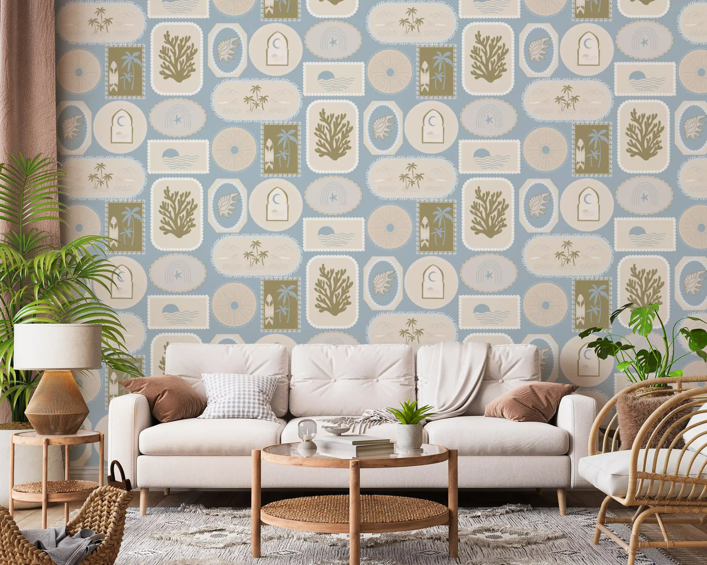 Soft Blue Coastal Frame Wallpaper Boho Tropical Wallpaper⁠