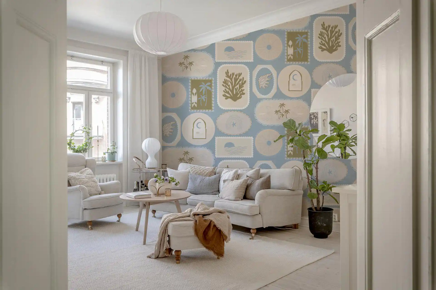 Soft Blue Coastal Frame Wallpaper Boho Tropical Wallpaper⁠