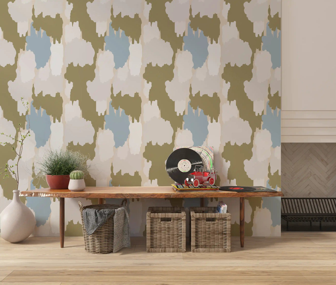 Olive Green Abstract Wallpaper Boho Coastal Wallpaper⁠