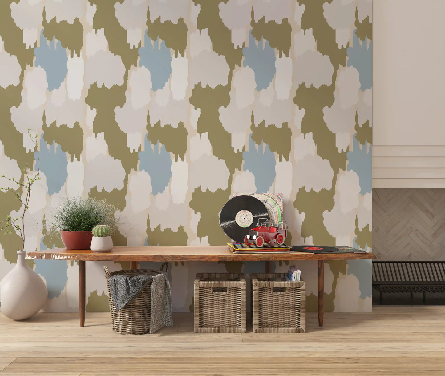 Olive Green Abstract Wallpaper Boho Coastal Wallpaper⁠