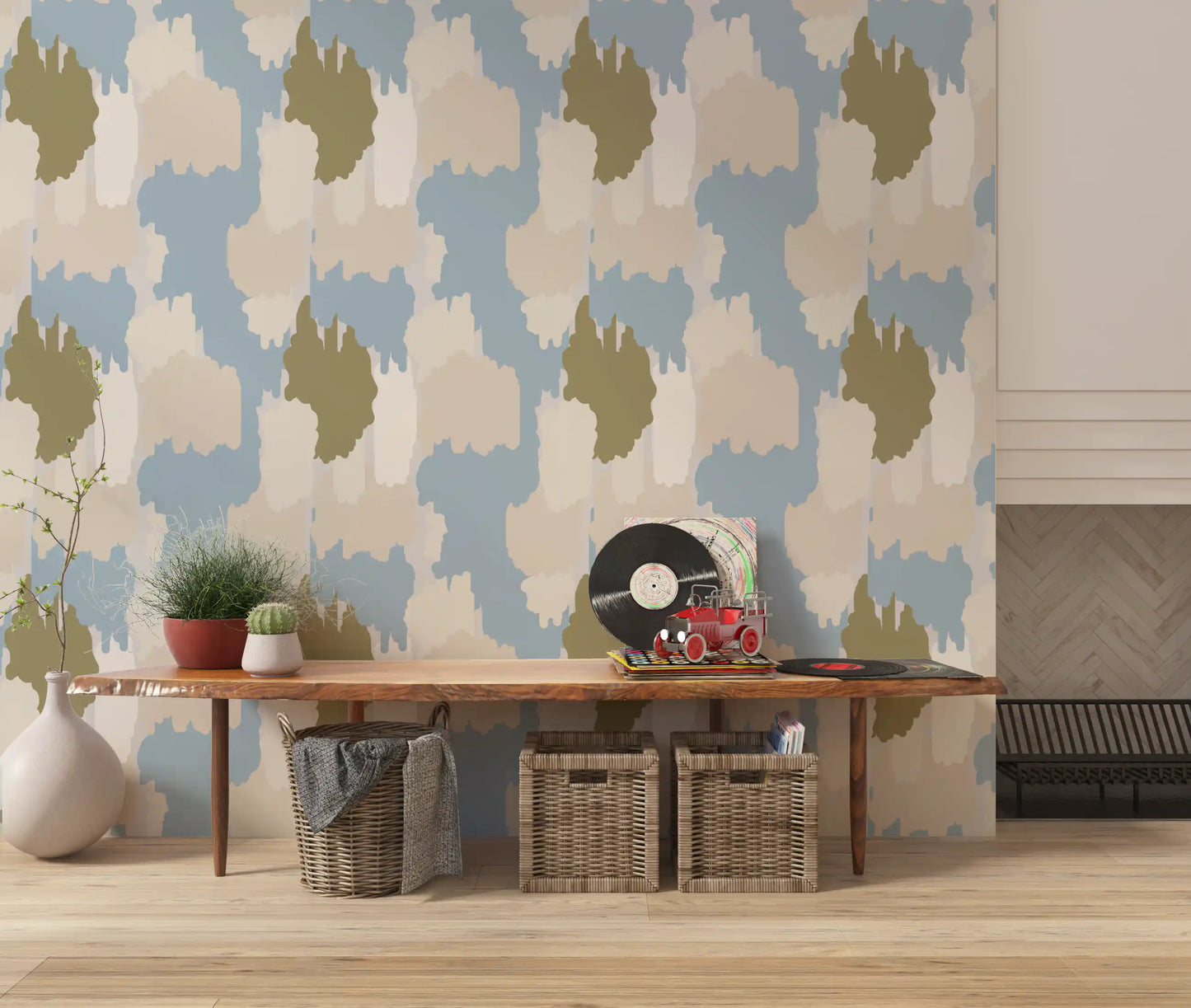 Abstract wallpaper with cream, olive, and blue organic painted shapes
