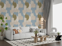 Living room wallpaper with abstract blue pattern and light boho coastal feel